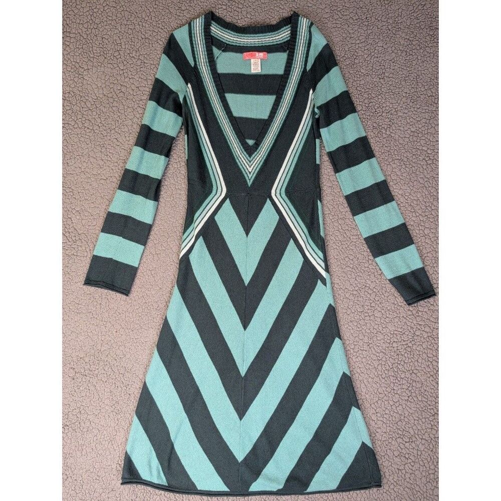 Lux Sweater Dress Angora Wool Soy Blend Long Sleeve Chevron Green Size Small